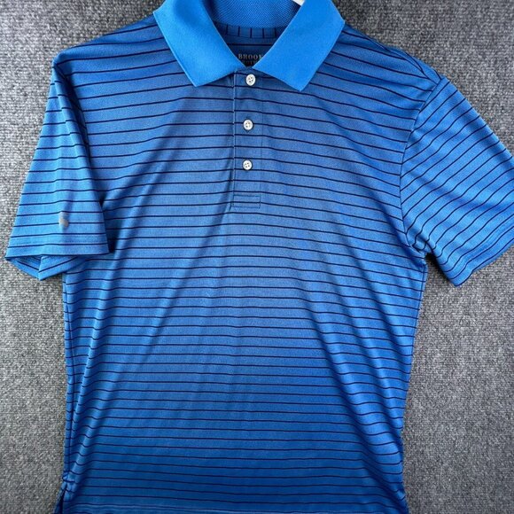 Brooks Brothers Polyester Polo Shirt Short Sleeve Blue Striped Medium Mens - Picture 1 of 7